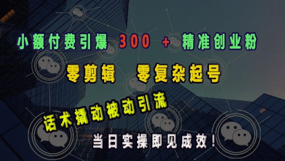 小额付费引爆 300 + 精准创业粉，零剪辑、零复杂起号，话术撬动被动引流，当日实操即见成效-斜杠青年