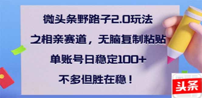 （14334期）微头条野路子2.0玩法之相亲赛道，无脑搬砖复制粘贴，单账号日稳定300+…-斜杠青年