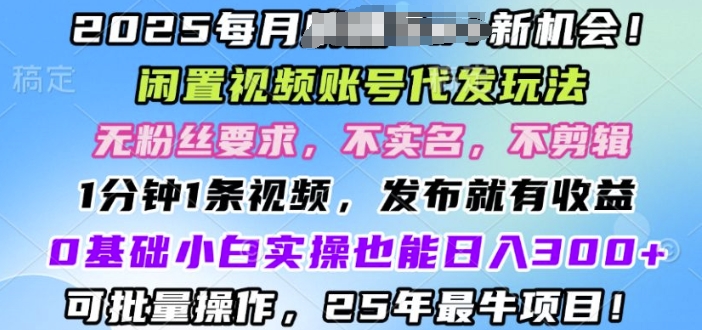 2025闲置视频账号一键代发玩法，0粉不实名不剪辑，领了视频直接发，0基础小白也能日入3张-斜杠青年