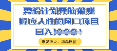 男粉计划无脑躺Z，顺应人性的风口项目，谁发谁火，加爆微信，日入多张【揭秘】-斜杠青年