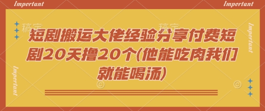短剧搬运大佬经验分享付费短剧20天撸20个(他能吃肉我们就能喝汤)-斜杠青年